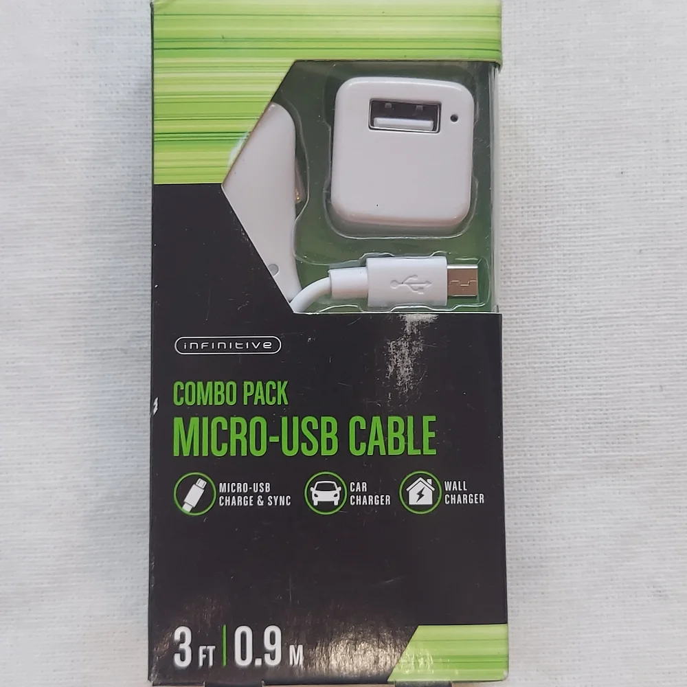 Combo Pack Micro USB Cable, Car Charger and Wall Charger New, Unused